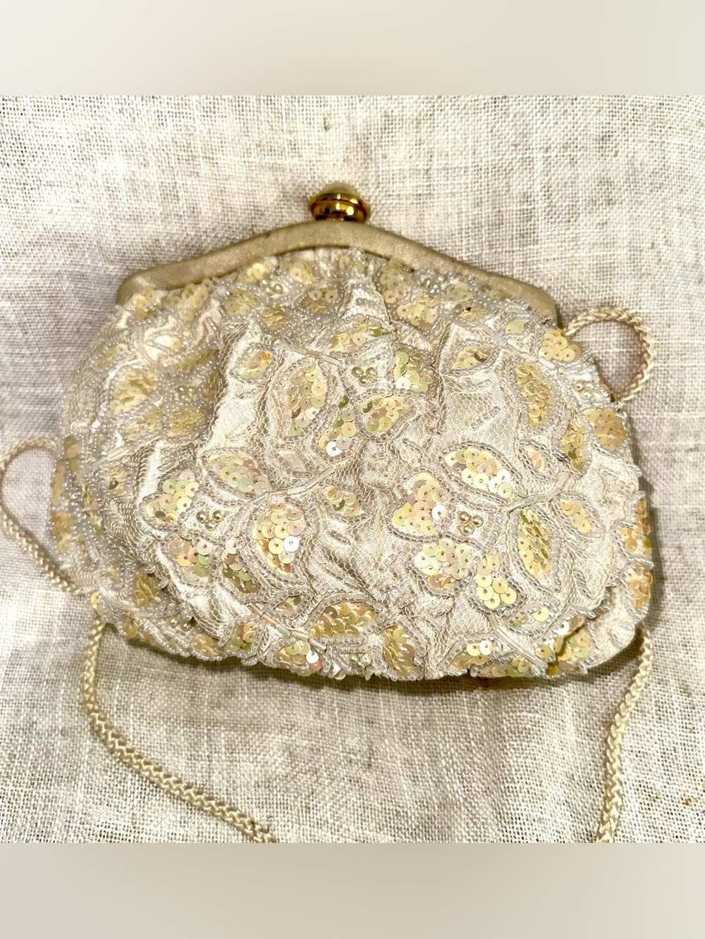 Vintage Bechamel White Beaded Satin Gold Frame Evening Bag Clutch Prom Formal